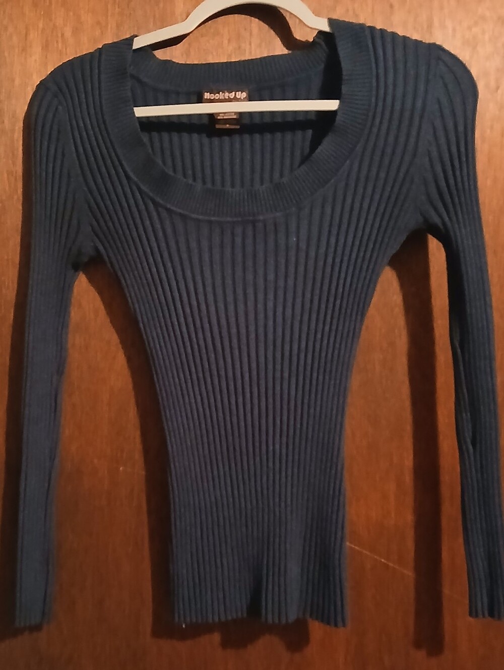 Hooked Up by IOT Dark Smokey Blue Ribbed Long Sleeve Top, Size L Women's